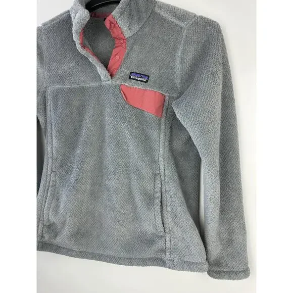 Patagonia Re-Tool Fleece 1/4 Snap-T Pullover Gray Aurea Pink Trim Women's Medium - Picture 4 of 12